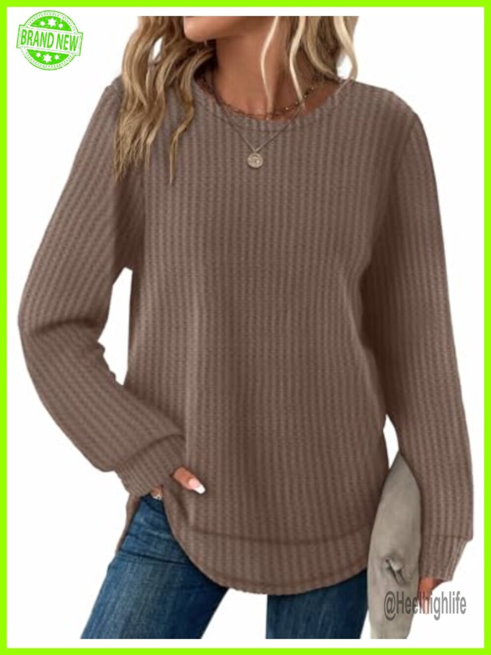 Waffle Knit Tunic Top Long Sleeve Curved Hem Loose Fit Pullover